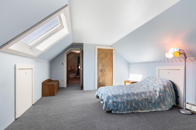 carpeted bedroom with lofted ceiling with skylight