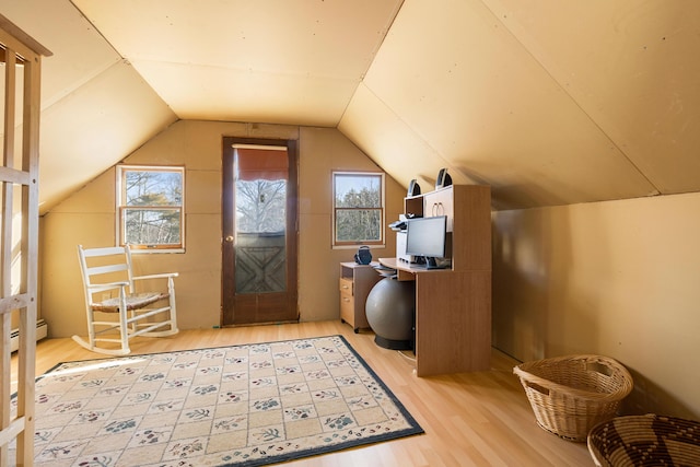 additional living space featuring light hardwood / wood-style flooring, a baseboard radiator, and vaulted ceiling