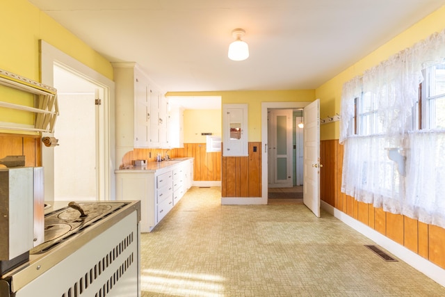 hallway featuring wooden walls