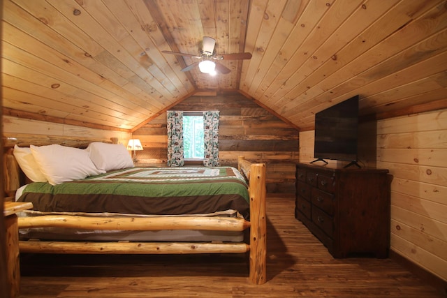 bedroom with wooden ceiling and wooden walls