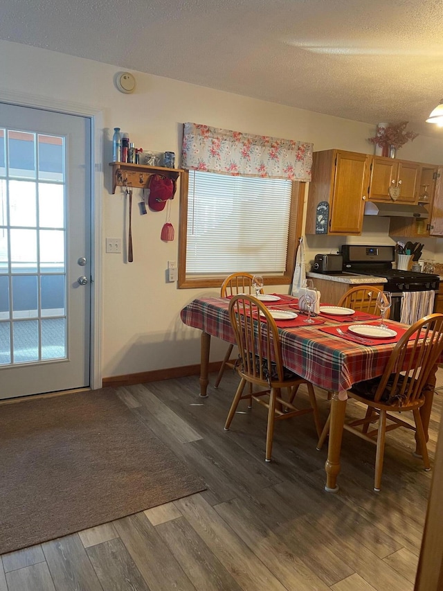 dining space featuring a textured ceiling and hardwood / wood-style flooring