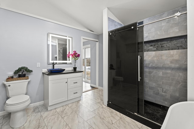 full bathroom featuring toilet, shower with separate bathtub, vanity, and vaulted ceiling