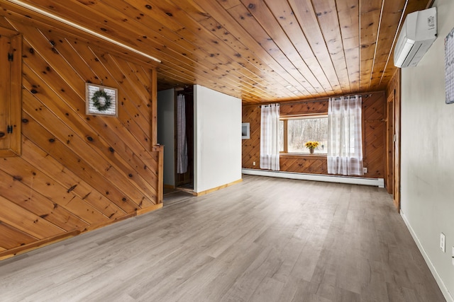 unfurnished living room featuring wood ceiling, baseboard heating, wooden walls, hardwood / wood-style flooring, and an AC wall unit