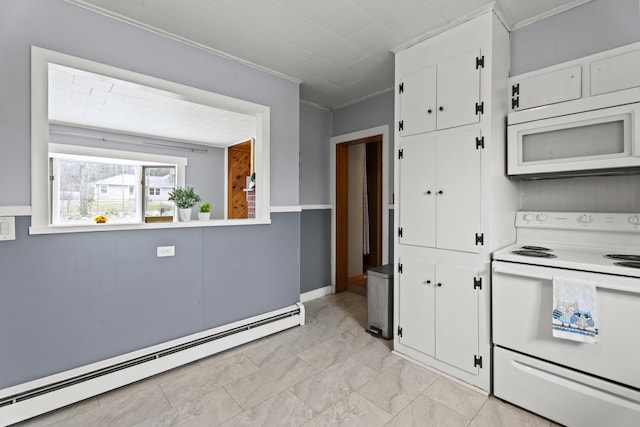 kitchen with white cabinets, white appliances, ornamental molding, and a baseboard radiator