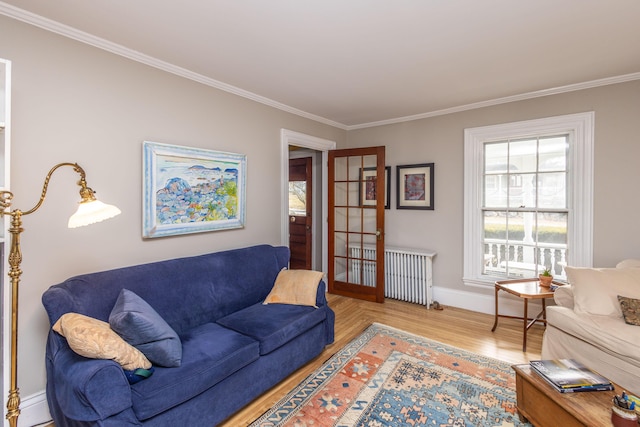 living room featuring light hardwood / wood-style floors, ornamental molding, radiator, and french doors