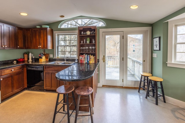 kitchen featuring dishwasher, sink, plenty of natural light, lofted ceiling, and a kitchen bar