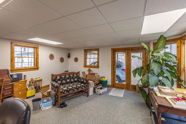 interior space with carpet and a paneled ceiling