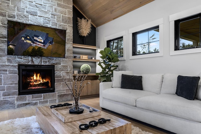 living room with wooden ceiling, lofted ceiling, and hardwood / wood-style flooring