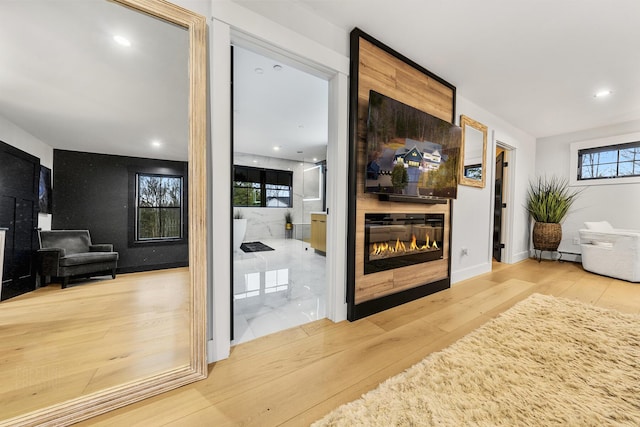 interior space with a healthy amount of sunlight, a fireplace, and wood-type flooring