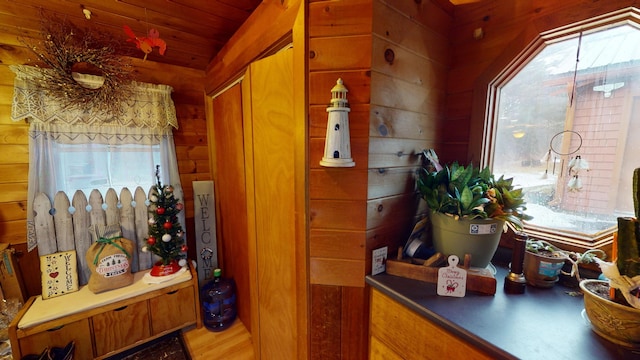 interior space with hardwood / wood-style floors and wooden walls