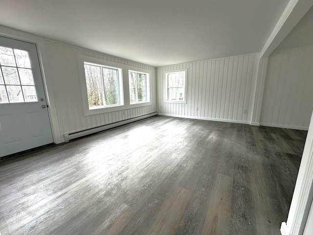 unfurnished living room featuring dark hardwood / wood-style flooring and a baseboard radiator