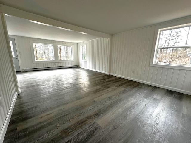 empty room with dark hardwood / wood-style floors and baseboard heating