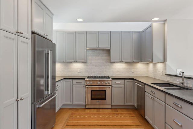 kitchen with tasteful backsplash, light hardwood / wood-style floors, sink, high end appliances, and gray cabinetry