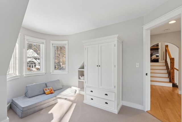 living area with light colored carpet