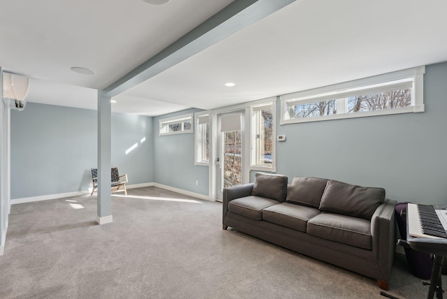 living room with light carpet and a wall mounted air conditioner