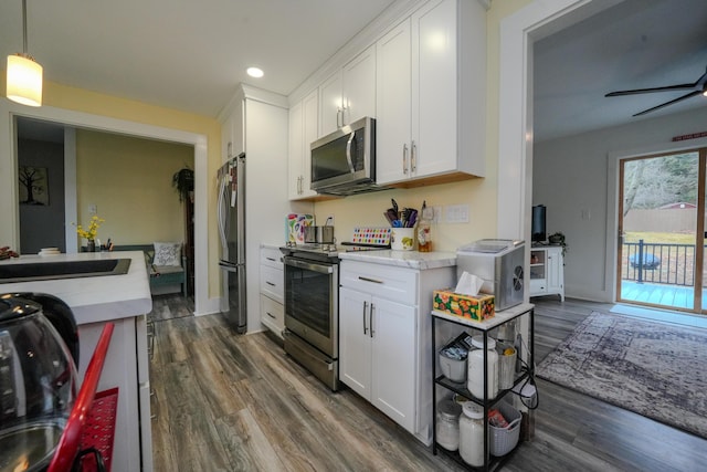 kitchen featuring white cabinets, dark hardwood / wood-style floors, and appliances with stainless steel finishes