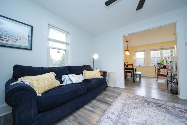 living room featuring hardwood / wood-style floors and ceiling fan