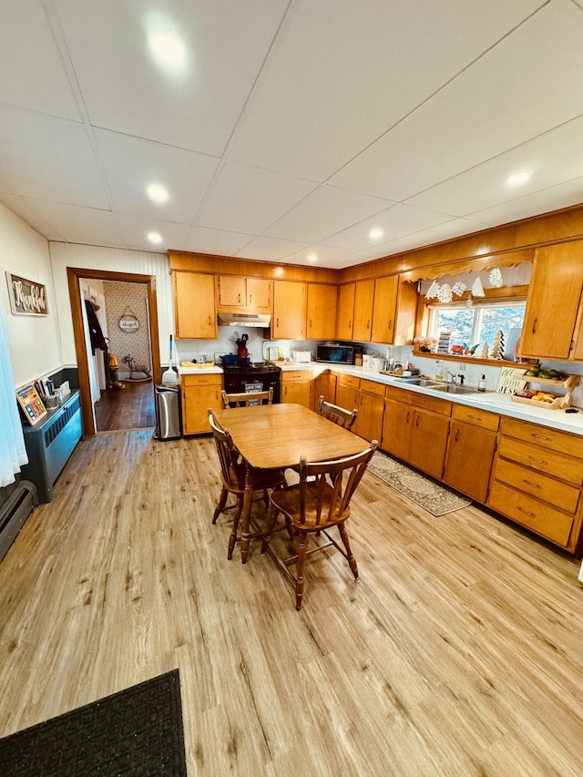 kitchen with sink, a drop ceiling, light hardwood / wood-style flooring, and black appliances