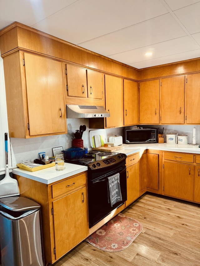 kitchen featuring light hardwood / wood-style floors and black appliances