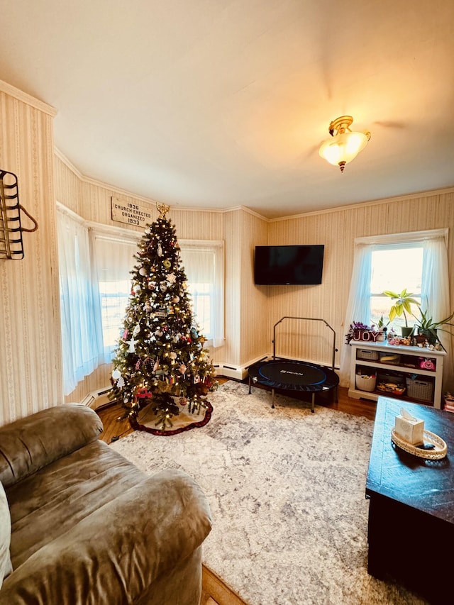 living room with baseboard heating, wood-type flooring, and ornamental molding