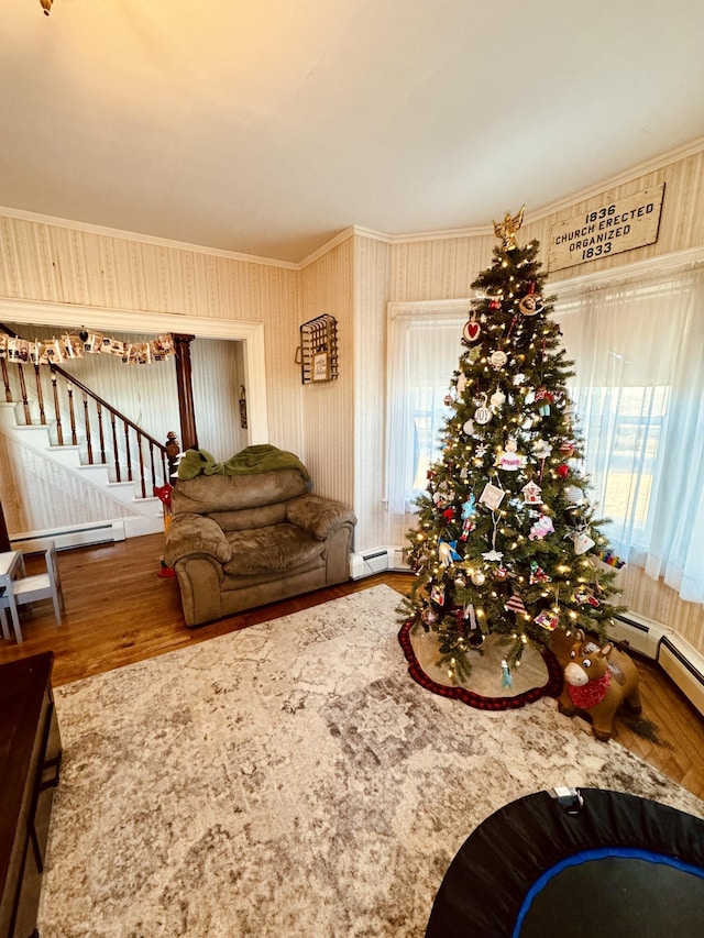 living room with crown molding, a baseboard radiator, and hardwood / wood-style floors