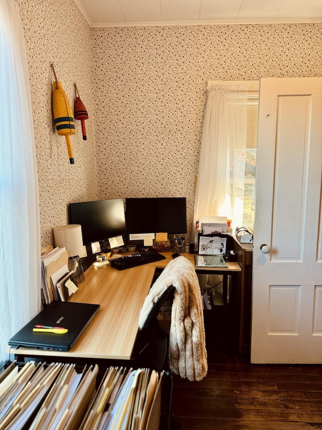 office featuring dark hardwood / wood-style flooring and crown molding