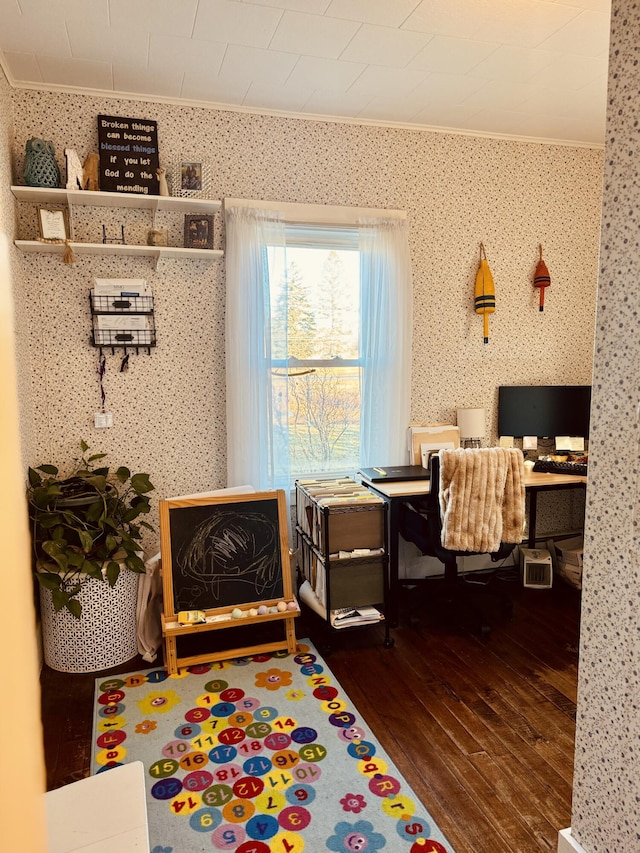 office featuring dark hardwood / wood-style floors and ornamental molding