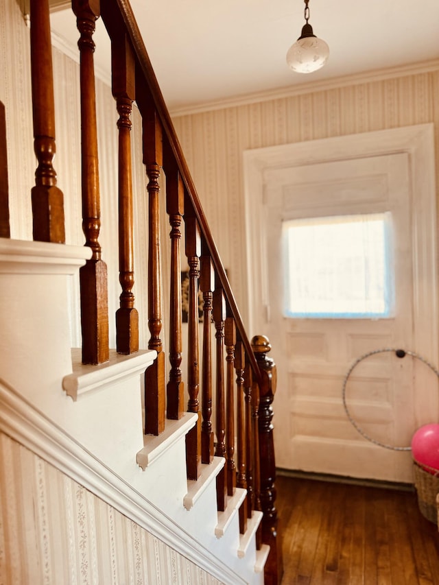 stairway with ornamental molding and hardwood / wood-style floors