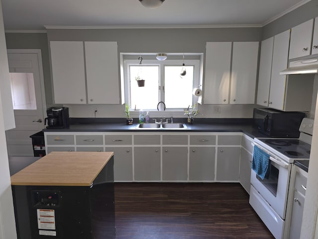 kitchen featuring crown molding, sink, white electric stove, white cabinets, and dark hardwood / wood-style floors