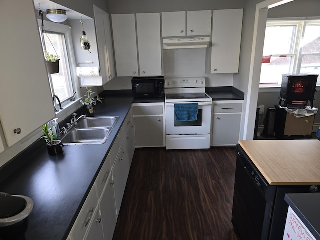 kitchen featuring dark hardwood / wood-style flooring, sink, white cabinets, and black appliances