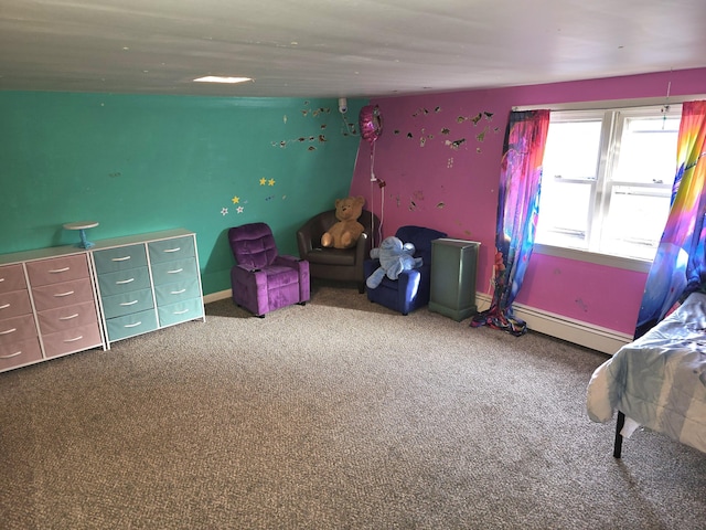 bedroom with carpet flooring and baseboard heating