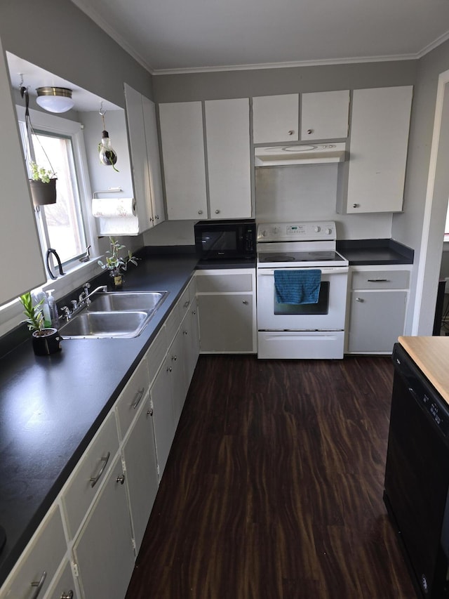 kitchen with sink, dark wood-type flooring, crown molding, white cabinets, and black appliances