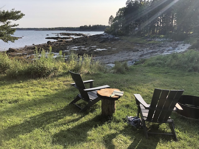 view of home's community with a lawn and a water view