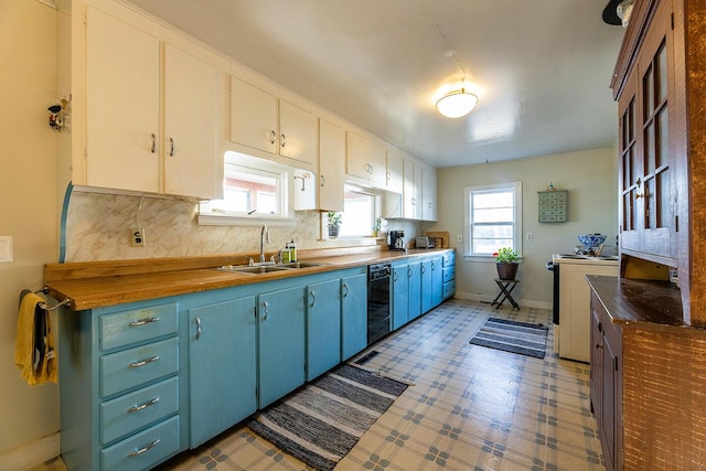 kitchen with tasteful backsplash, sink, electric range, white cabinets, and butcher block countertops