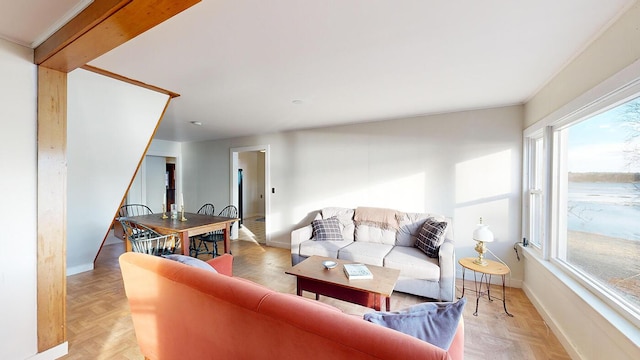 living room with a healthy amount of sunlight and light parquet floors