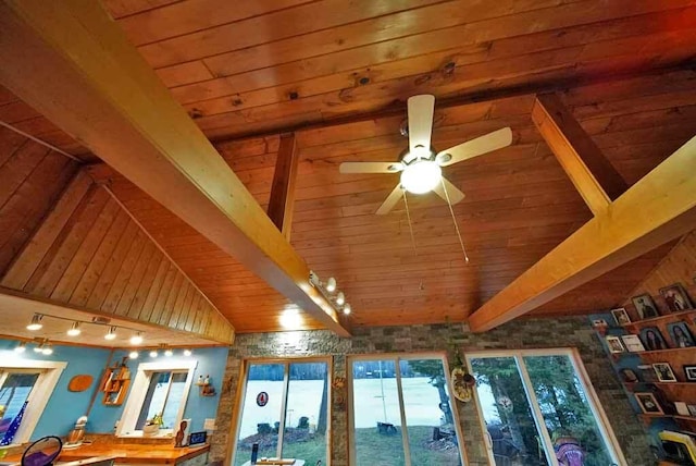 details featuring rail lighting, wood ceiling, a ceiling fan, and beam ceiling