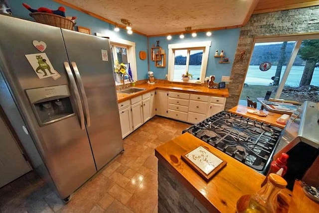 kitchen with a sink, a textured ceiling, stainless steel fridge, and a healthy amount of sunlight