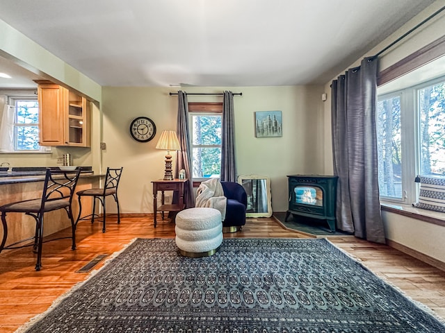 sitting room with light hardwood / wood-style floors, a wood stove, and a healthy amount of sunlight