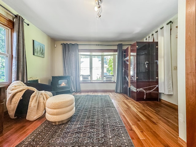 sitting room featuring track lighting, hardwood / wood-style flooring, and a wood stove