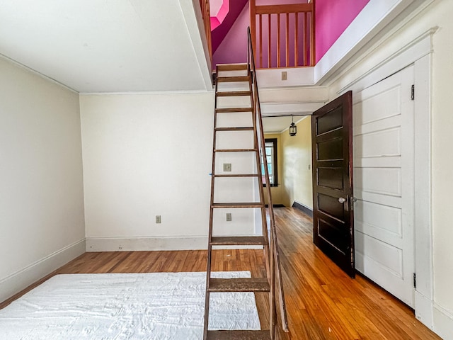 stairway with wood-type flooring