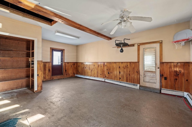 192 Fox Hill Rd, Athens, ME 04912 - garage with a wainscoted wall, a baseboard heating unit, wooden walls, and ceiling fan