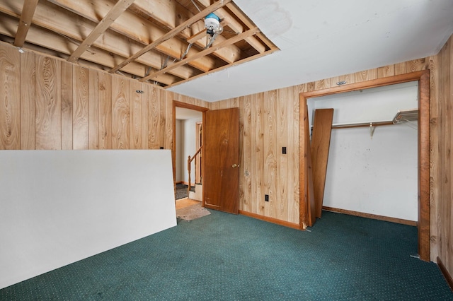 192 Fox Hill Rd, Athens, ME 04912 - finished basement with wooden walls, carpet flooring, and stairway