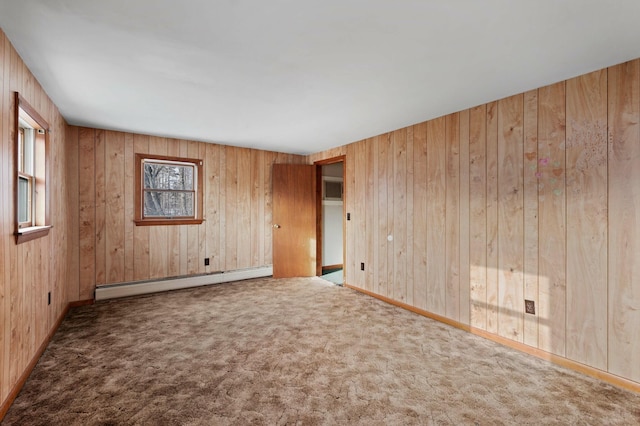 192 Fox Hill Rd, Athens, ME 04912 - unfurnished room featuring a baseboard radiator, carpet, and wooden walls