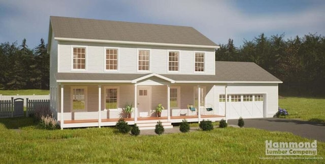 view of front of property featuring a porch, a garage, and a front yard