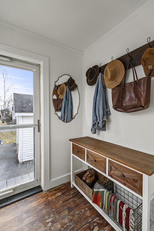 mudroom with ornamental molding, dark wood-type flooring, and a wealth of natural light