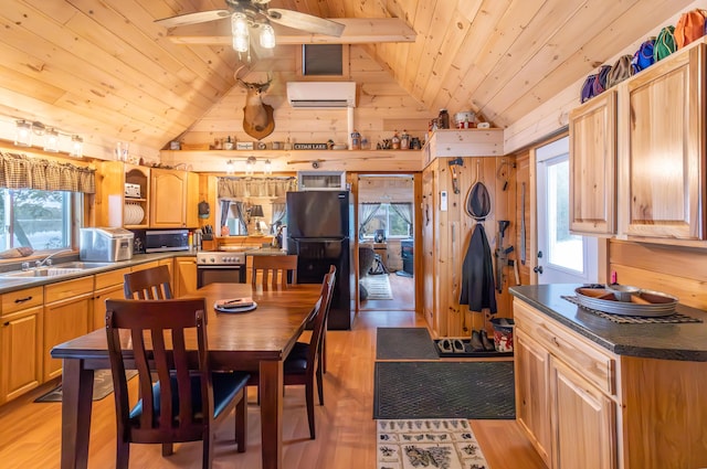 380 Cedar Lake Rd Unit T3 R9, Nwp, ME 04462 - kitchen featuring wooden ceiling, a sink, lofted ceiling, stainless steel appliances, and light wood finished floors
