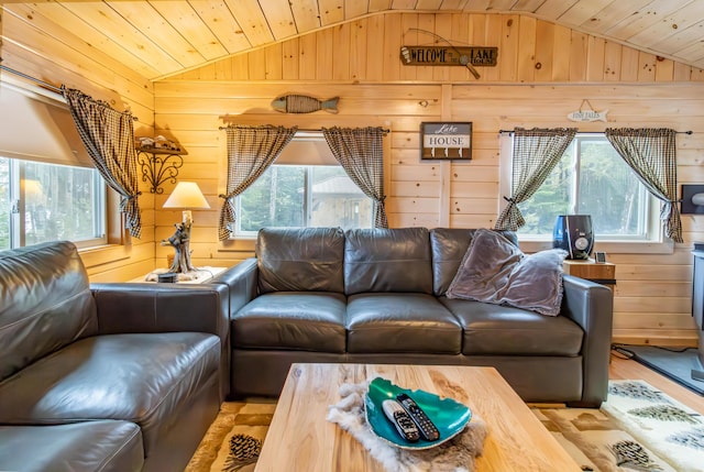 380 Cedar Lake Rd Unit T3 R9, Nwp, ME 04462 - living area featuring lofted ceiling, wood walls, wood finished floors, healthy amount of natural light, and wood ceiling