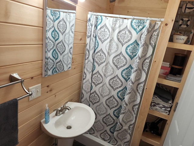 380 Cedar Lake Rd Unit T3 R9, Nwp, ME 04462 - bathroom with a sink, curtained shower, and wooden walls