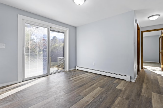 unfurnished room with dark hardwood / wood-style flooring and a baseboard radiator