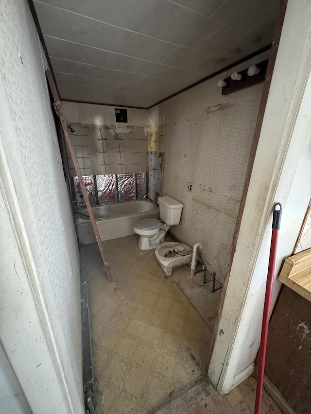 bathroom with a washtub and toilet